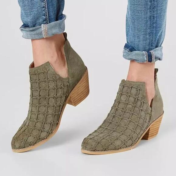 MI.IM Lavin Woven Suede D'Orsay Dip Ankle Bootie In Olive Green Size 7.5 Boho - Picture 1 of 12
